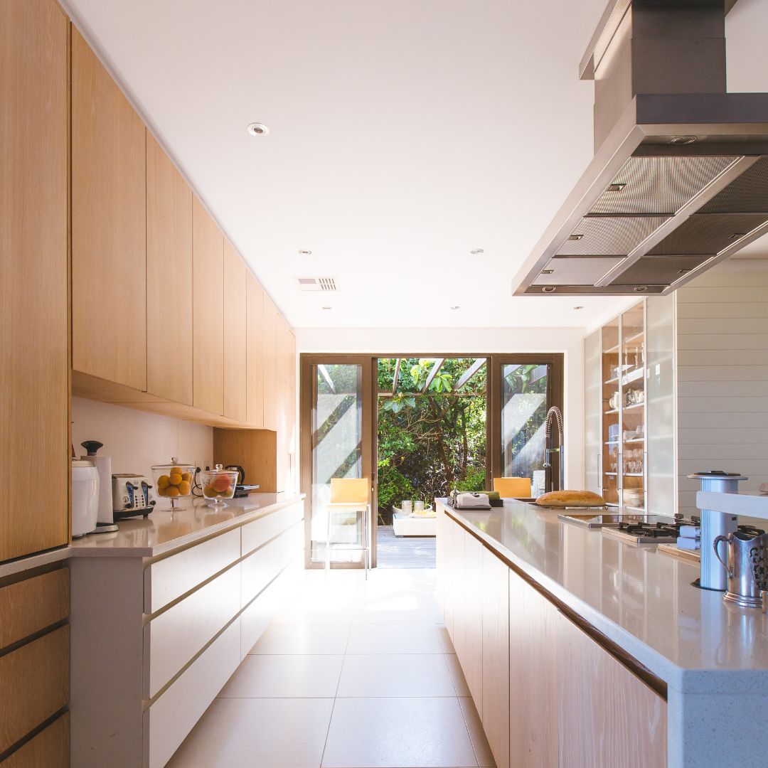 a large kitchen in a narrow build