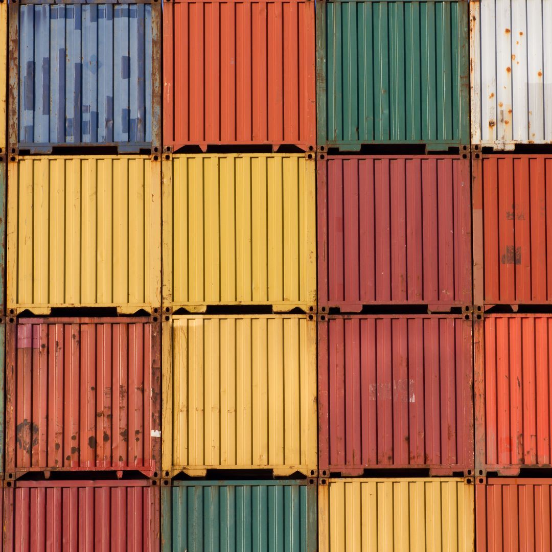 Stack of durable shipping containers.
