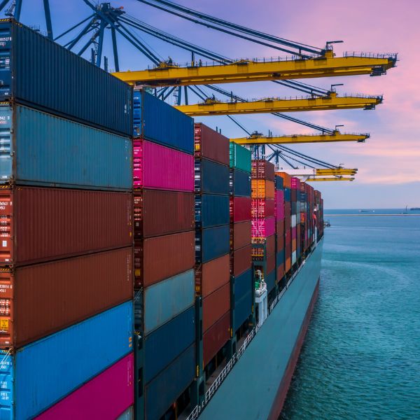 stacked shipping boxes on a boat