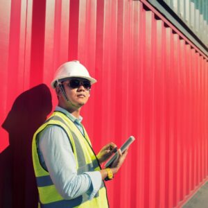 man by shipping containers