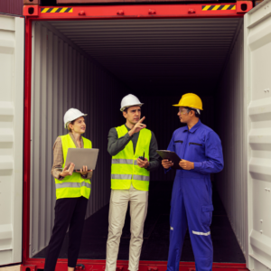 people in front of shipping container