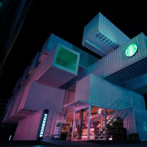 modern coffee shop with stacked shipping containers