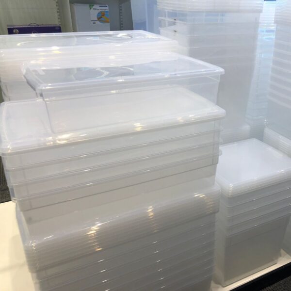 Clear plastic bins.