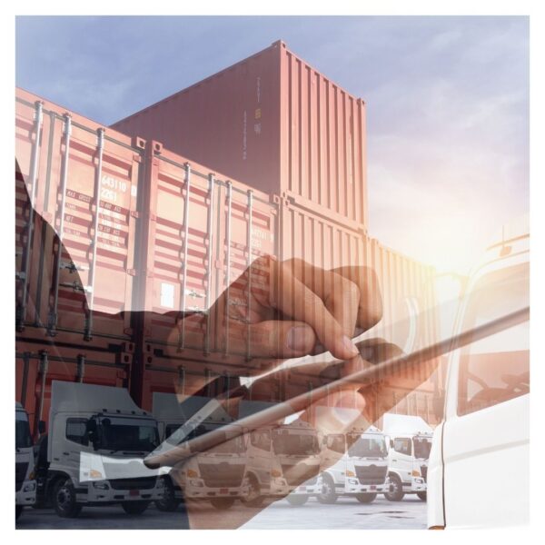 stack of cargo containers overlaid with someone looking at a tabley