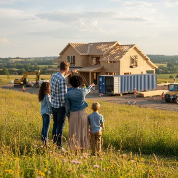 Image of a family outside of their home under construction with a shipping container next to it.