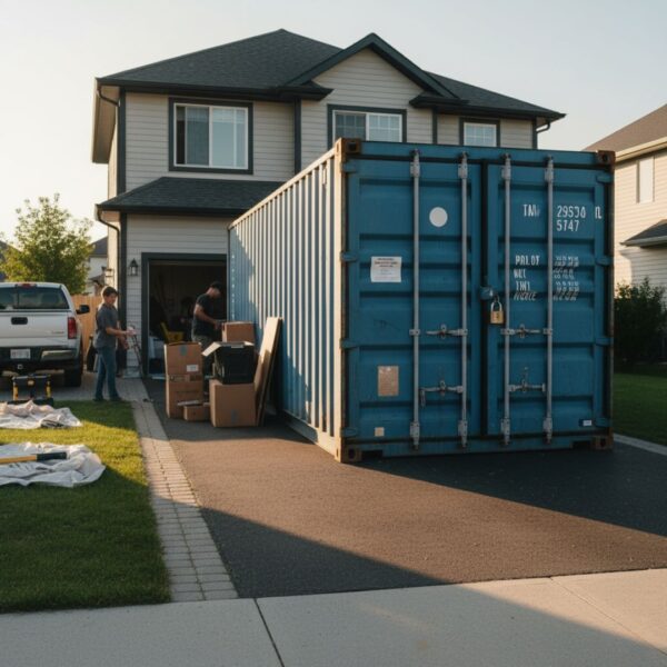 Image of a house with a shipping container in the driveway