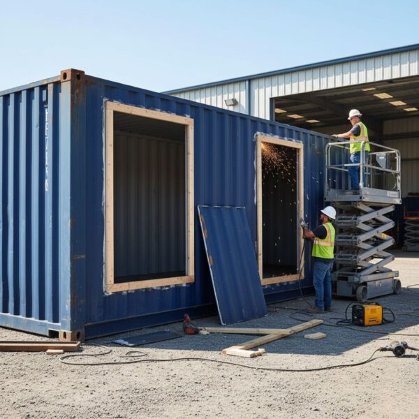 Image of workers adding windows to a storage container
