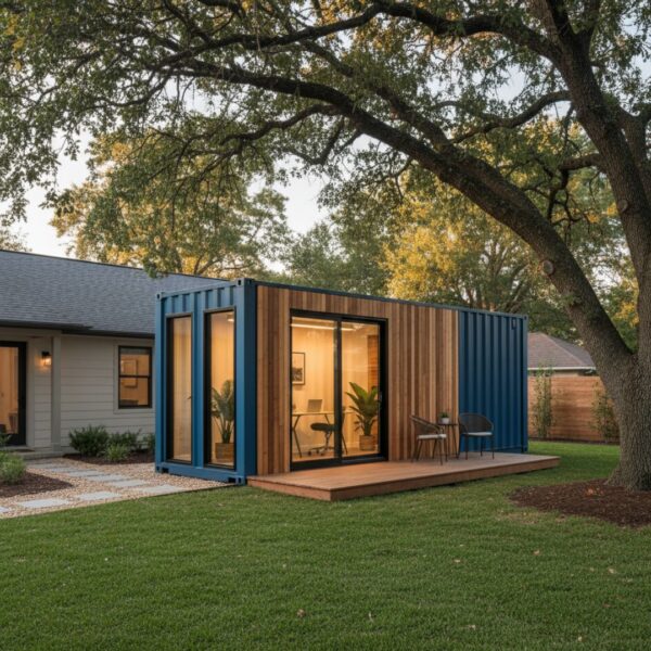 Image of a storage container outside of a home that has been converted to an extra space