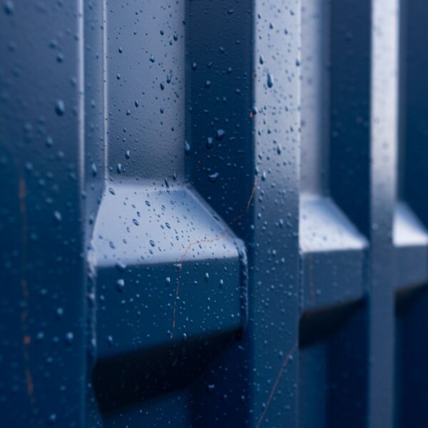 Raindrops cling to the corrugated surface of a freshly painted blue shipping container, demonstrating its water resistance.