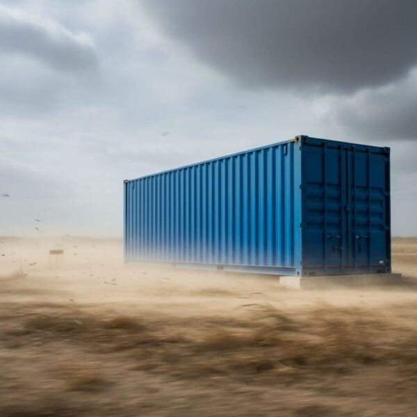 A durable, clean blue shipping container stands resiliently on a sandy, windswept plain under a stormy sky, with sand blowing around its base.