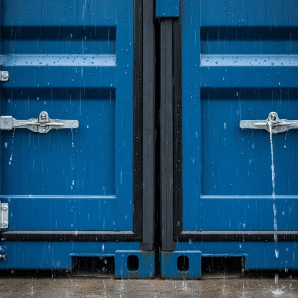 Rain streams down the tightly sealed doors of a clean blue shipping container, demonstrating its watertight integrity.
