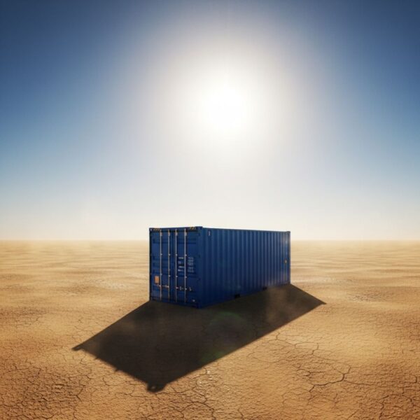 A solitary, pristine blue shipping container casts a long shadow on a cracked, arid desert landscape under a blazing sun.