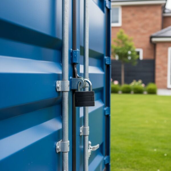 A shiny black padlock secures the freshly painted blue doors of a new shipping container, with a green lawn and a house in the background.