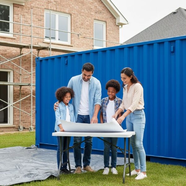 diverse family happily reviewing renovation plans next to a clean, new shipping container.