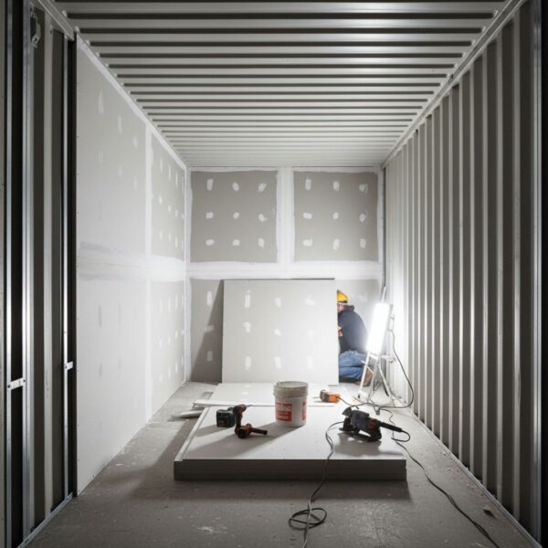 Image of a man putting up drywall in a shipping container