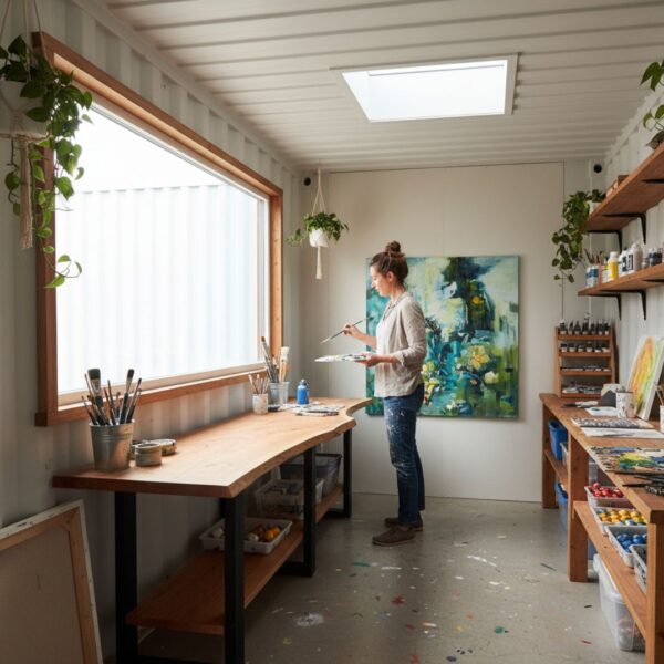 A female artist works on a painting in a bright, modern shipping container studio.