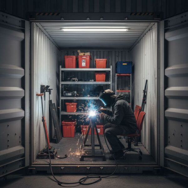 A welder works on a metal piece inside a functional and well-equipped shipping container workshop.