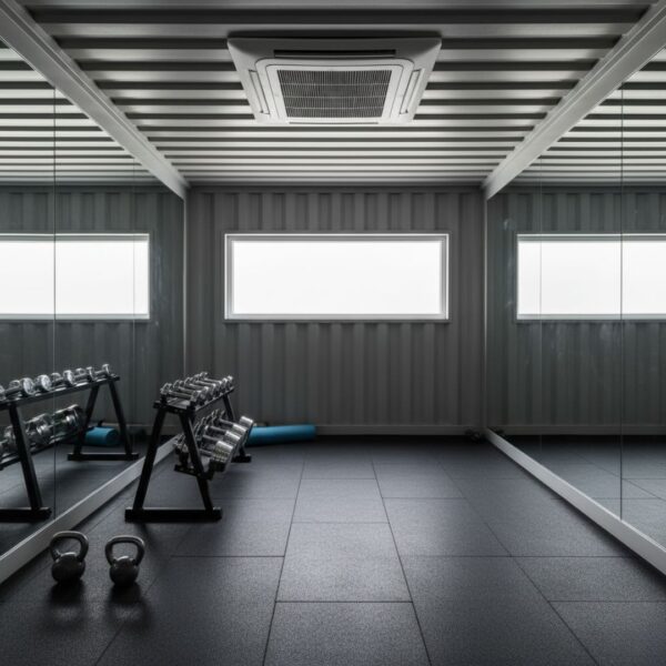 An empty shipping container transformed into a minimalist gym with weights, mirrors, and a yoga mat.