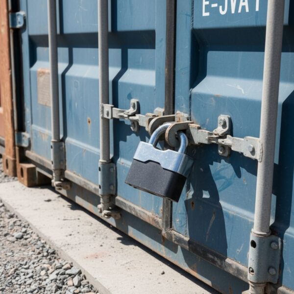 A strong padlock secures the heavy metal doors of a blue shipping container on a sunny day