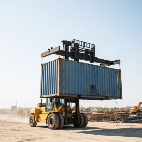 A large yellow forklift is transporting a blue shipping container across a dusty construction site under a clear sky.