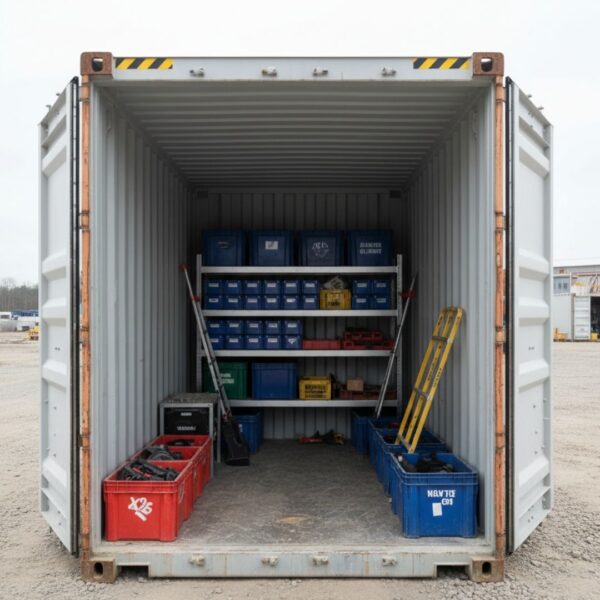 The inside of a white shipping container reveals neatly organized shelves with blue and red storage bins full of tools and equipment.