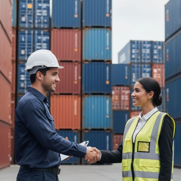 A male contractor in a hard hat and a female sales representative in a safety vest are shaking hands in front of a stacked array of colorful shipping containers.