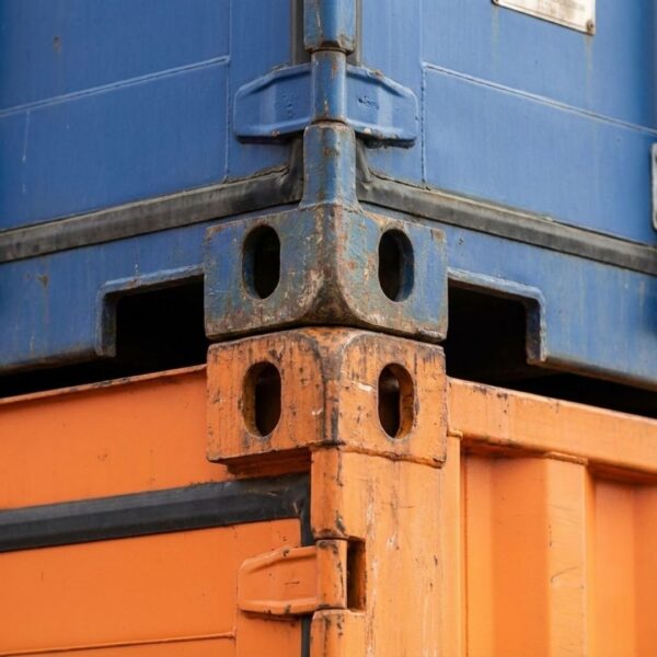 the corner castings of two stacked shipping containers, showing perfect vertical alignment