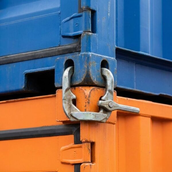a manual twist lock connecting the corner posts of two stacked shipping containers