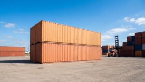 Stacked 40-foot shipping containers in a large, sunny storage yard in Texas