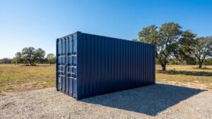 Clean blue shipping container in a field under a clear sky in Texas