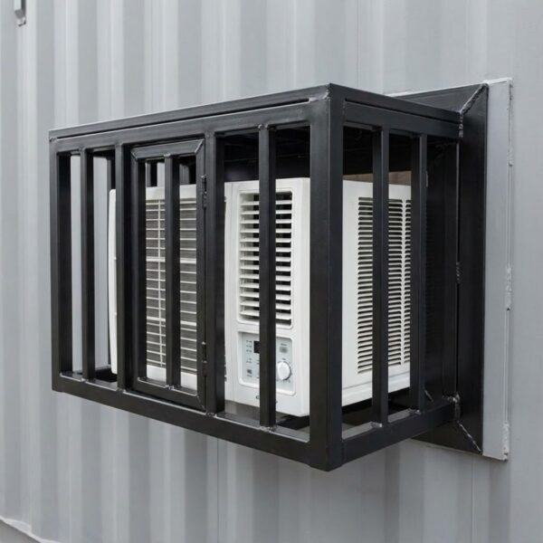 A window AC unit mounted in a shipping container wall, encased in a steel security cage