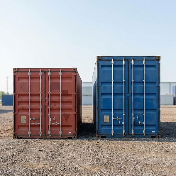 A standard height shipping container next to a taller high-cube container on a gravel lot.