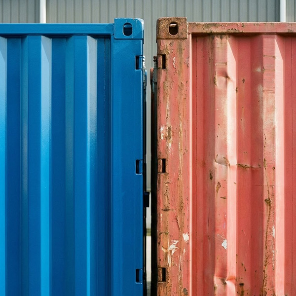 A close-up photograph contrasting the pristine paint of a new shipping container with the faded, weathered surface of an older used unit.