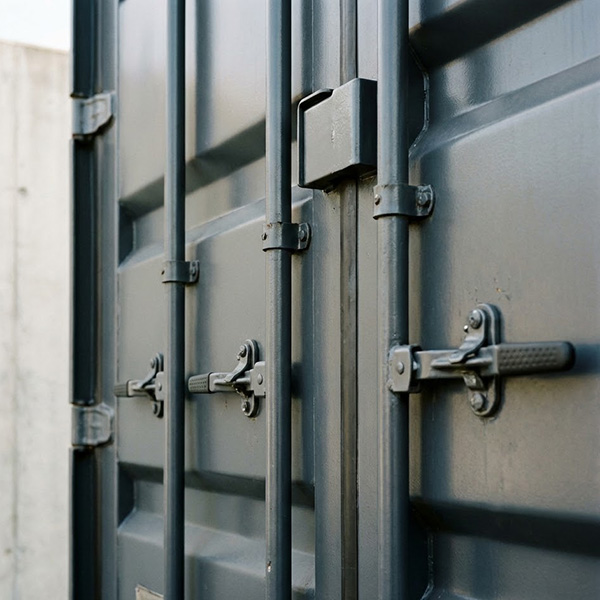 A shipping container's metal door locking mechanism, showing the bars, handles, and hinges in good condition.
