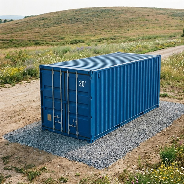 Aa 20-foot shipping container on a prepared gravel foundation.