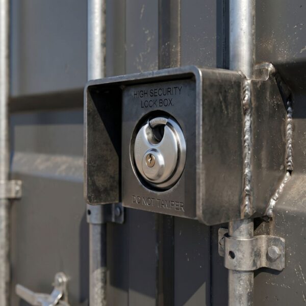 Close-up of a high-security lock box on a steel job site storage container.