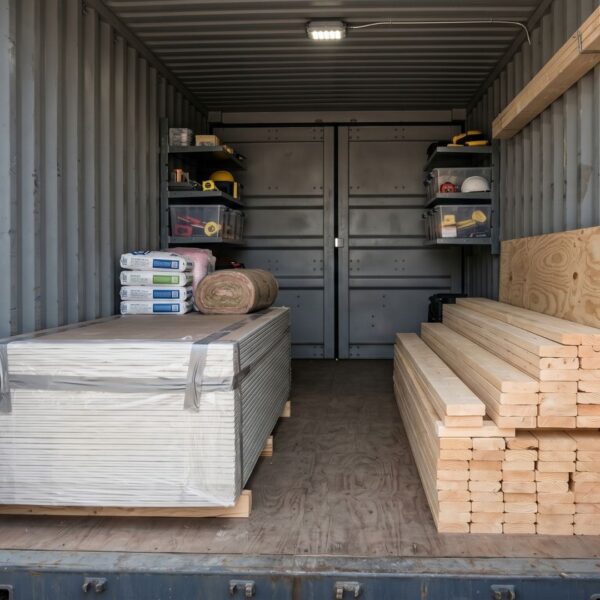 Interior of a watertight steel container protecting construction materials from rain.
