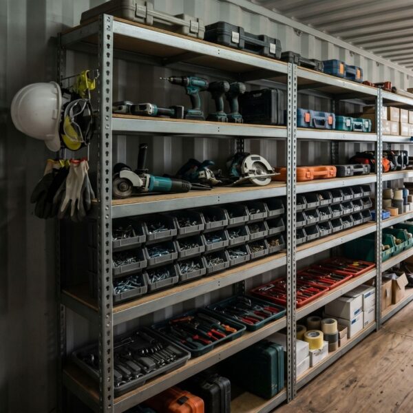 Organized interior of a construction storage container with tools on shelves.