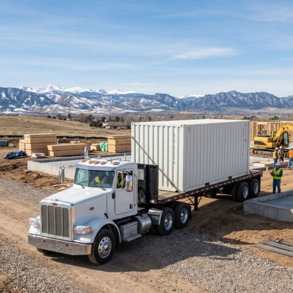 Delivery of a mobile storage container to a new construction project.