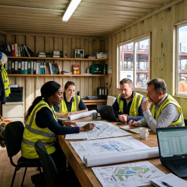 people meeting at a table in a container that has been converted to a temporary construction office on site