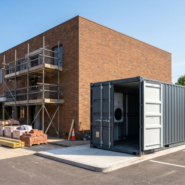 A mobile cold storage container used as extra space during business construction.