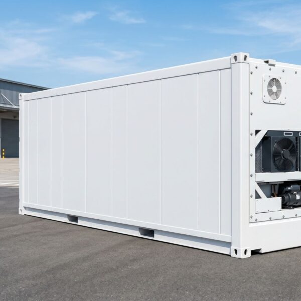 A white refrigerated shipping container for business cold storage on an industrial site.