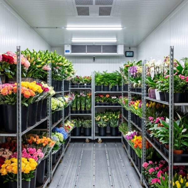 Fresh flowers and plants stored inside a temperature-controlled shipping container.