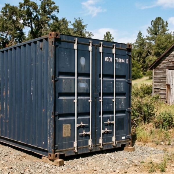 Comparison of a durable steel shipping container versus a standard wooden shed.