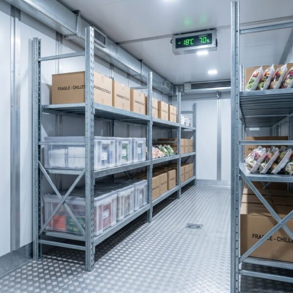 The clean, insulated interior of a refrigerated storage container with shelves for perishable foods 