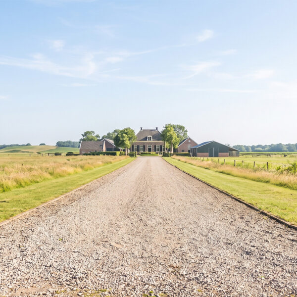 Looking down a wide, obstacle-free gravel driveway leading into a property, showing clear vertical and horizontal access space for delivery.