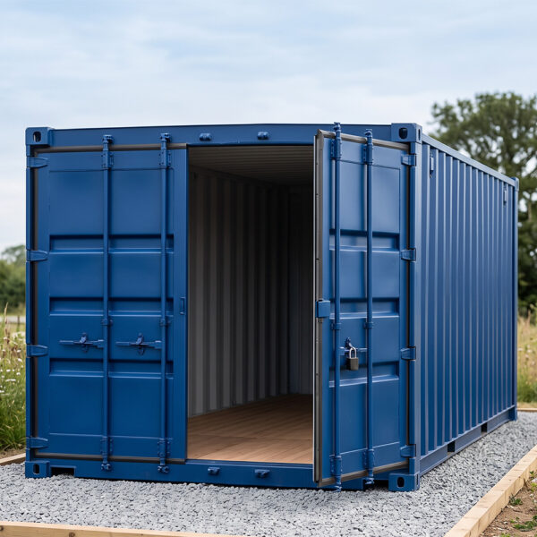 A clean, painted shipping container resting securely and perfectly leveled on its prepared foundation on a private property.
