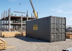 A secure steel storage container on a professional construction job site.