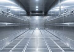 The clean, insulated interior of a refrigerated storage container.